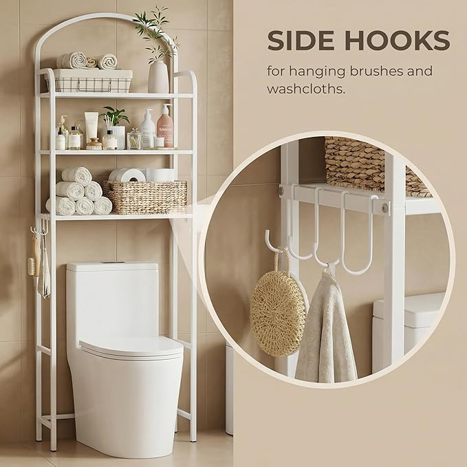 Over The Toilet Storage Rack, 3 Tier Bathroom Organizer with 4 Hooks & Paper Holder, Space Saver Metal Shelf for Bathroom Supplies, White Toilet Rack