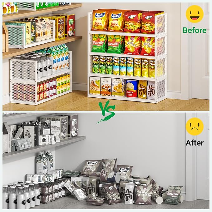 2 Pack Expandable Storage Cabinet, Stackable Pantry and Kitchen Organizers Shelf, Countertop Cabinet Storage Shelves Organizers, Spice Rack, Metal Storage Bins for Spice Can Plate Mug Cups, White