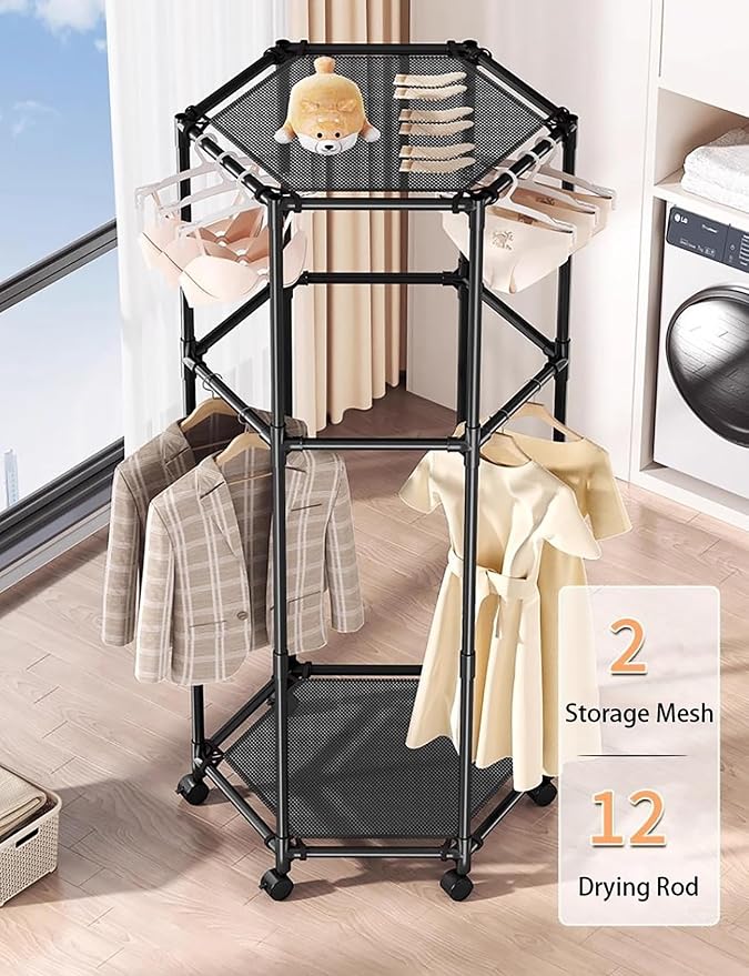 Clothes Rack with Wheels, Hexagonal Rolling Clothing Rack for Hanging Clothes, Clothes Drying Rack, Freestanding Garment Rack for Balcony, Living Room,White,2 Tiers