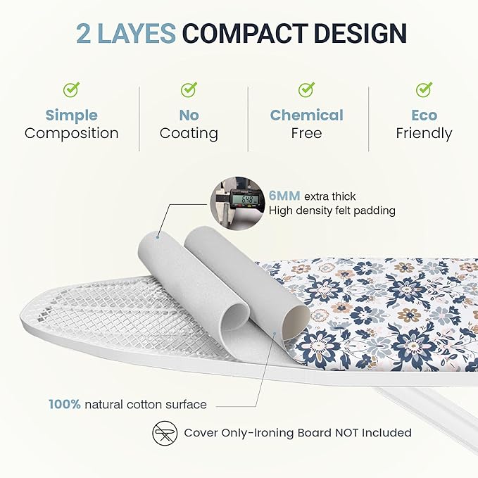 UniSimp Ironing Board Cover and Pad 18"x54" Extra Thick Natural Cotton,Scorch and Stain Resistant Iron Board Cover,Extra Large Iron Board Cover with Fasteners Heavy Duty Heatproof Elastic Edge Floral