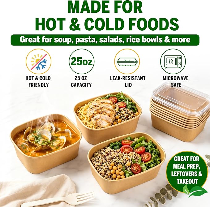 50-Pack 25 oz Disposable Meal Prep Containers with Lids and Forks, Compostable Kraft Paper Bowls To Go, Microwave & Freezer Safe Food Containers for Hot Soup, Cold Dessert, Takeout