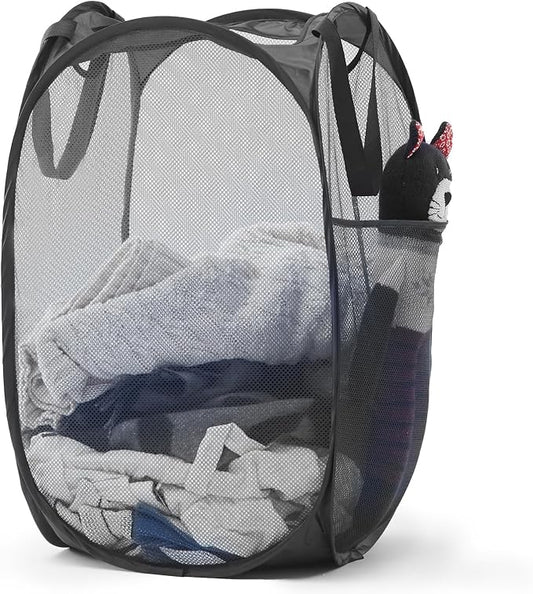 TECHMILLY Upgraded 105L Collapsible Mesh Pop Up Laundry Hamper with Sturdy Handles and Side Pocket - Portable Foldable Clothes Baskets for Dorm, Bathroom & Travel Storage (Black Plus)