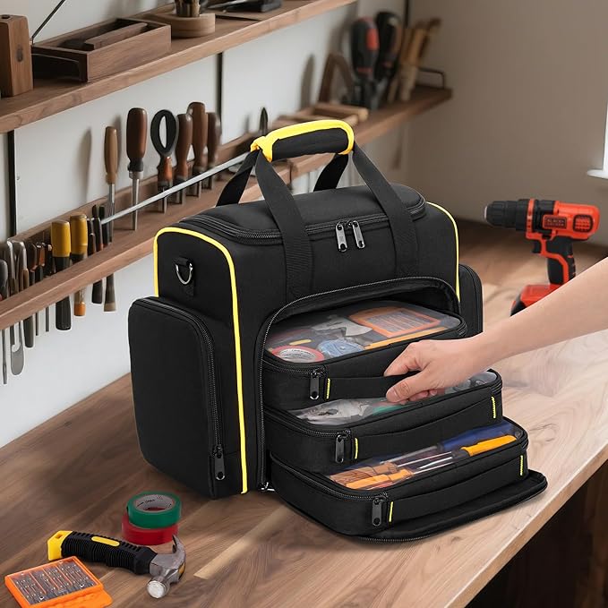 Marscamd Tool Bag with 3 Removable Cases, 2 Layers Tool Tote for Hand Tools, Black with Yellow Binding