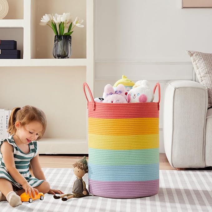 60L Large Rainbow Hamper Tall Woven Rope Laundry Basket for Kids | Nursery Baby Girls Toddler Clothes Blanket Toy Storage Unicorn Hamper in Playroom Bedroom 15"Dx20"H