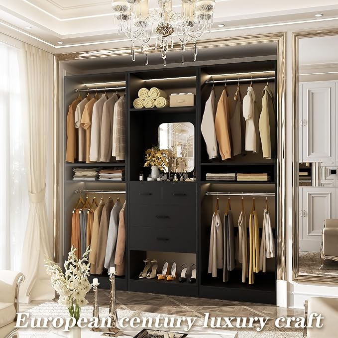 Unikito 75 Inch Walk in Closet System with 4 Drawers, 6.3FT Closet Organizer with Hanging Rods and Mirror Design, Reversible Large Closet Wardrobe with Shelves, Adjustable Closet Tower, Black