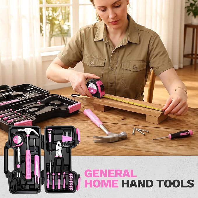 DEKOPRO 39-Piece Pink Household Tool Kit for Women, Basic Hand Tool Set with Plastic Toolbox Storage Case, Small Starter Tool Box Set for Home Repairs, DIY Projects, Crafts and Dorm Essentials