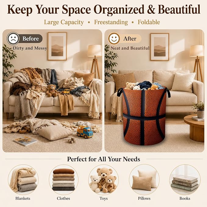 Basketball Texture Laundry Basket with Handles, Foldable Tall Oxford Clothes Hamper, Lightweight Water-Resistant Storage Bin for Bedroom Bathroom College Dorm, 16 x 20.8 Inch