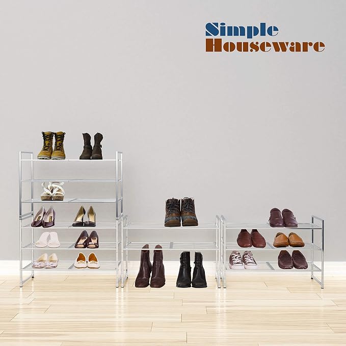 Simple Houseware 3-Tier Stackable Wired Grid Shoe Rack, Silver | 9 Pairs of Shoes Storage Organizer for Closet, Entryway, Garage & Corridor