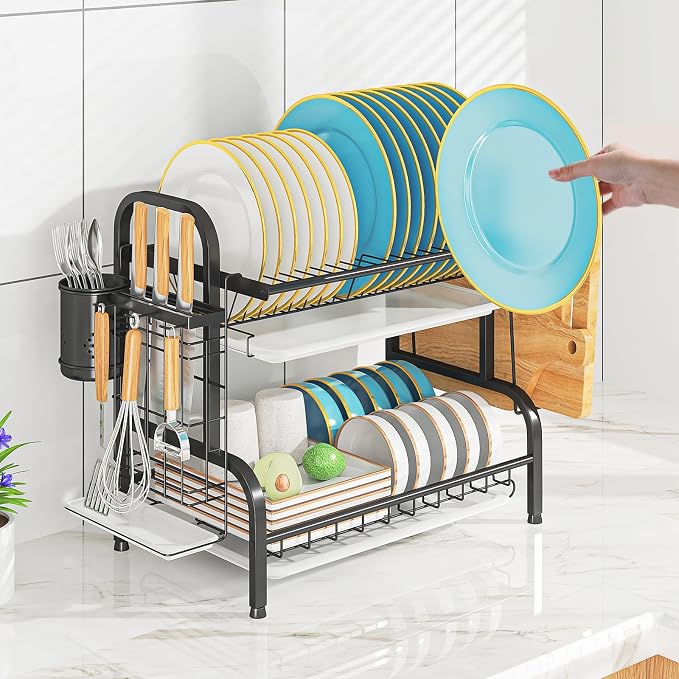 Dish Drying Rack, 2-Tier Stainless Steel Dish Rack for Kitchen Counter or Over Sink, Space Saving Organizer with Removable Drainboard,Home and Appartment Decor, Black