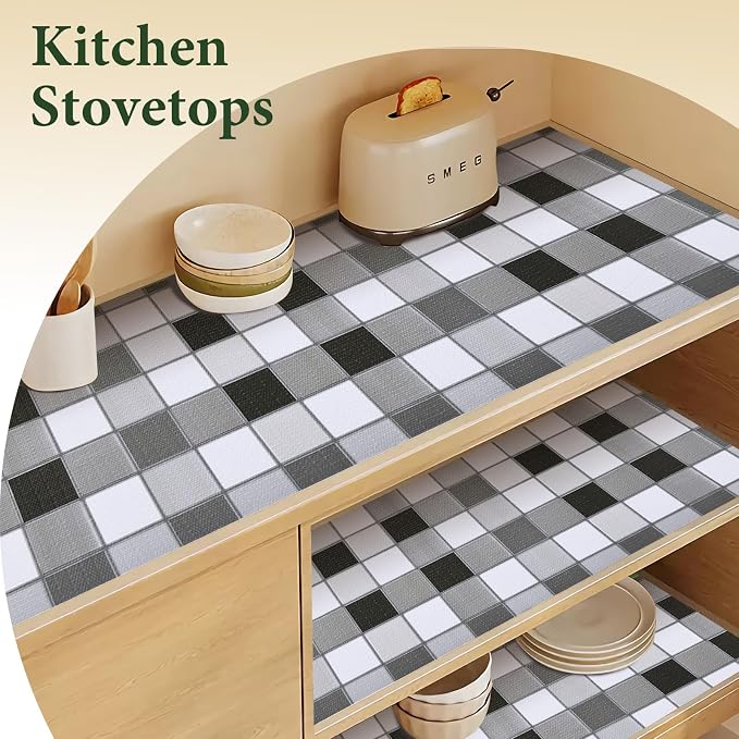 Drawer and Shelf Liner for Kitchen Cabinet: 12 in X 30 Ft Non Slip | Waterproof Shelf Paper Non Adhesive Refrigerator Liners Gray Mosaic Easy Liners for Bathroom