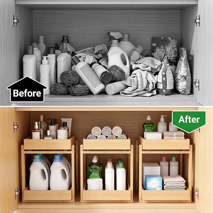Bamboo Under Sink Organizer and Storage, 2 Pack Pull Out Cabinet Organization, 2 Tier Vertical Slide Out Undersink Storage Shelf, Multi-Purpose Organizer Shelves for Kitchen Bathroom Medicine
