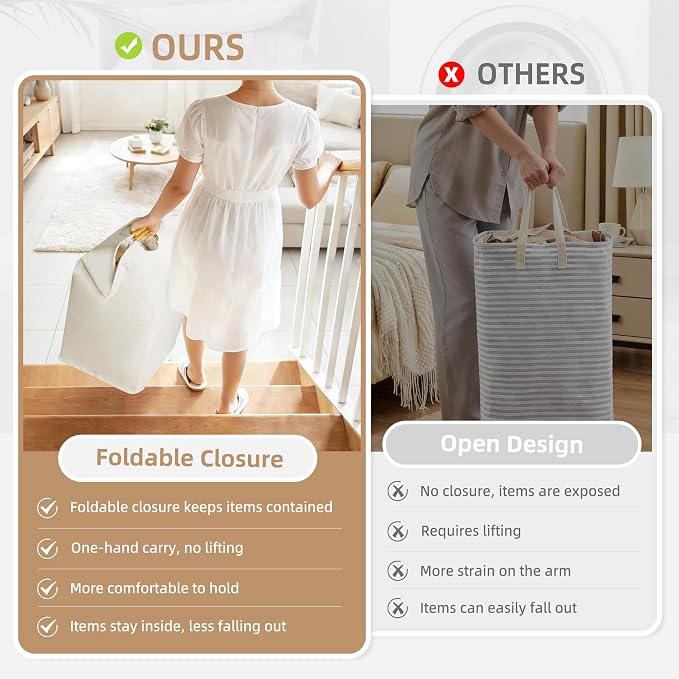 STORAGE MANIAC 1-Pack Large Laundry Hamper, 100L (26.4 Gal) Collapsible Laundry Basket with Bamboo Handles, Freestanding Waterproof Clothes Hamper for Laundry Room, Bedroom, Dorm, Towels, White