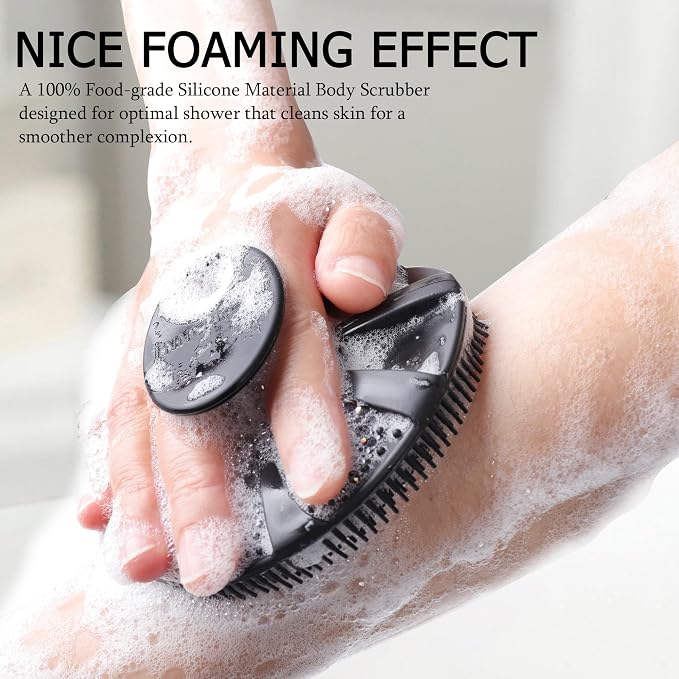 INNERNEED Food-Grade Soft Silicone Body Scrubber Shower Brush Handheld Cleansing Skin Brush, Gentle Exfoliating and Lather Well (Black+Gray)