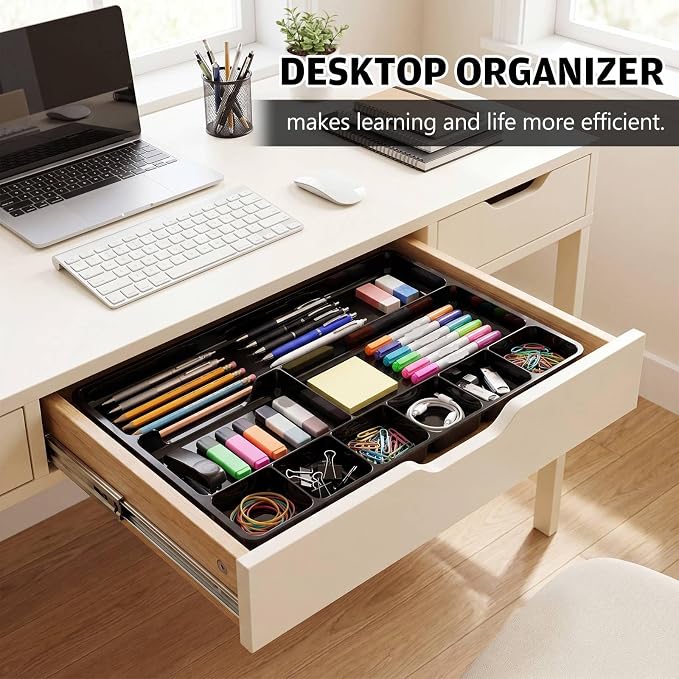 Junkin 4 Pcs Shallow Drawer Organizers 14" x 9" x 1" Desk Drawer Organizer Tray with 9 Storage Compartments for Home Office Classroom School Organizing Pens Paper Clips Sticky Notes (Black)