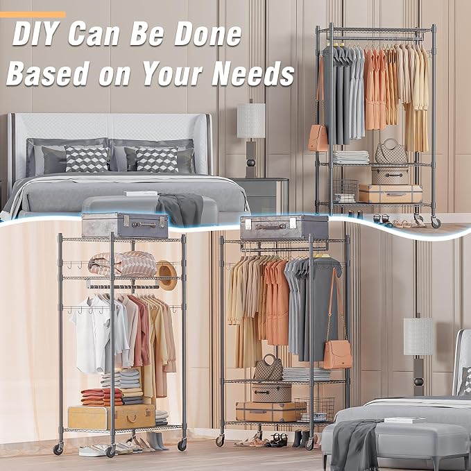 Homdox Narrow Rolling Garment Rack with Double Rods and 3 Adjustable Shelves, Compact Portable Closet Organizer for Bedroom, Dorm, Laundry Room, 23.62" W x 16.54" D x 80.71" H, Gray