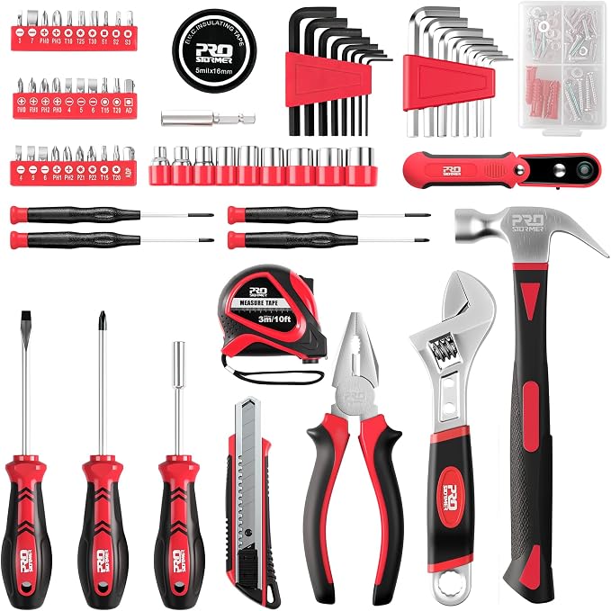 Prostormer 160-Piece Home Tool Set, Starter Tool Kit, Red | Eessential Tools for Household Repairs & DIY Projects, Beginners Friendly, Compact & Portable