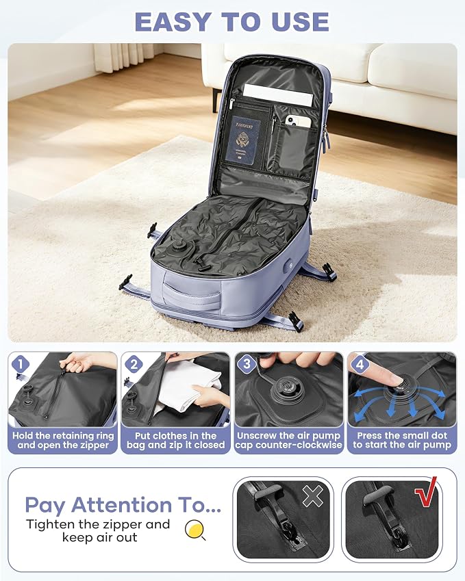 WONHOX Vacuum Seal Backpack for Travel with Air Pump 18x14x8 inches Vacpack Carry on Flight Approved Compression Daypack Laptop Space Saver Bag Storage with Vacuum System Travel Bags Women TaroPurple