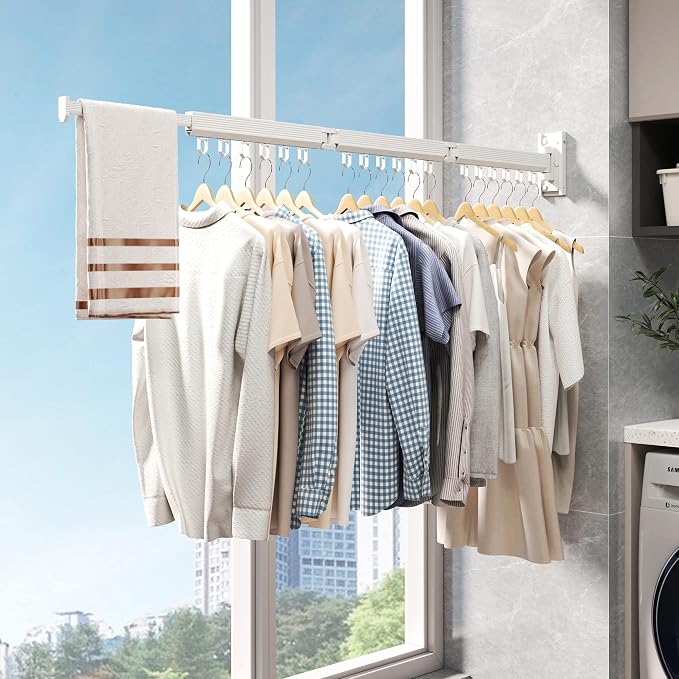 Wall Mounted Foldable Clothes Drying Rack, Heavy Duty 3-Fold Laundry Airer with Ring Hook Design, Space Saving Aluminum Rack for Balcony Bathroom Laundry Room,White Rings