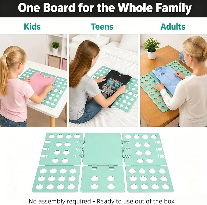 Shirt Folding Board, Shirt Folder - Folds Hoodies, Jeans & Shirts, Cyan | Quick garment folding, heavy duty for thick clothes, for adults & kids, compact foldable design, no assembly required