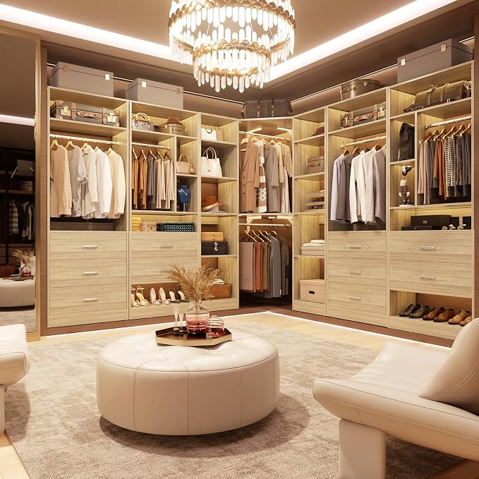 Besiost Corner Closet System with 12 Shelves, 39.2" Corner Closet Organizer System with 2 Hanging Rods, Versatile 6-Tier Walk-in Closets for Corner Space, White Oak (39.2" L x 39.2" W x 80" H)