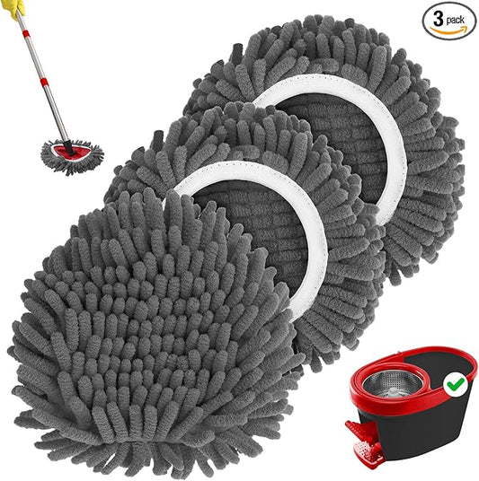 Baderke 3 Pack Chenille Mop Heads Replacements Compatible with 1 Tank System Chenille Duster Replacement Heads Microfiber Spin Mop Refill Pads Reusable Dust Refills for Floor Cleaning (Gray)