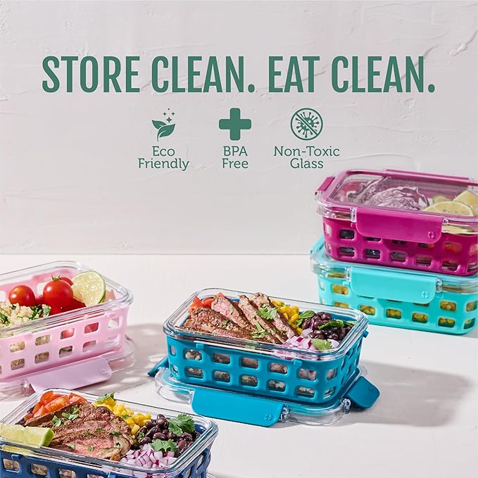 Ello Duraglass 3.4 Cup Meal Prep 10Pc,Set,Glass Food Storage Container with Silicone Sleeve and Airtight BPA-Free Plastic Lids,Dishwasher,Microwave & Freezer Safe,Evening Orchard,5 Count (Pack of 2)