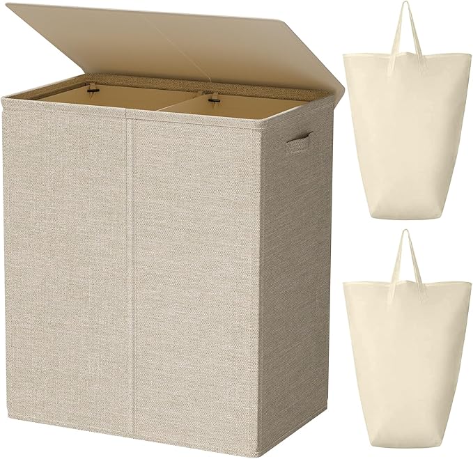 WOWLIVE 154L Double Laundry Hamper 2 Section with Lid and Removable Bags | Divided Laundry Basket, Large Dirty Clothes Hamper with Handle, Collapsible Laundry Storage for Dorm Room, College, Wheat
