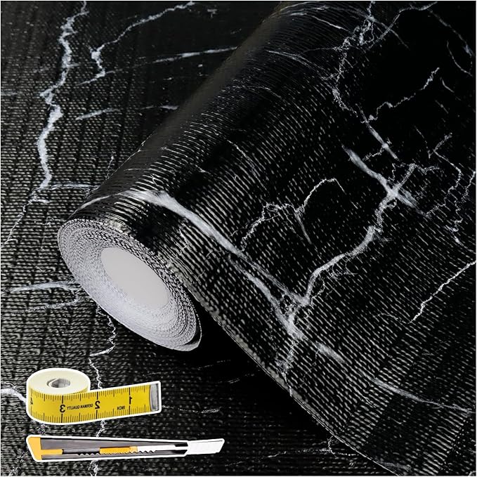 Drawer and Shelf Liner for Kitchen Cabinet: 17 in X 30 Ft Non Slip | Waterproof Shelf Paper Non Adhesive Refrigerator Liners Black Marble Easy Liners for Bathroom with Knife Tape Measure