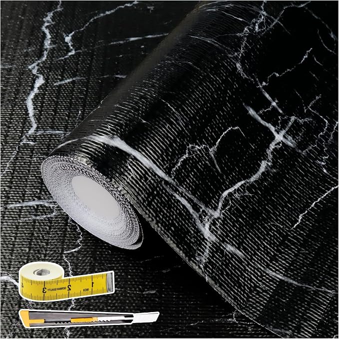 Drawer and Shelf Liner for Kitchen Cabinet: 23.6in X 30Ft Non Slip | Waterproof Shelf Paper Non Adhesive Refrigerator Liners Black Marble Easy Liners for Bathroom with Knife Tape Measure