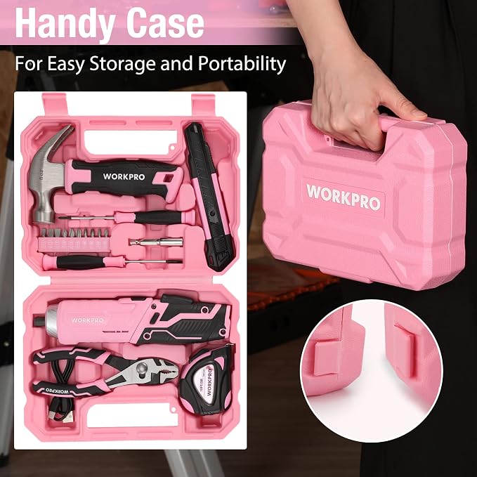 WORKPRO Pink Tool Set with 3.7V Rotatable Electric Screwdriver, 18PCS Portable Ladies Home Tool Kit with Toolbox, Cordless Electric Screwdriver Kit, Household tool kit for Dorm, Apartment -Pink Ribbon | Pink Ribbon, USB-C Rechargeable, Compact Storage ...