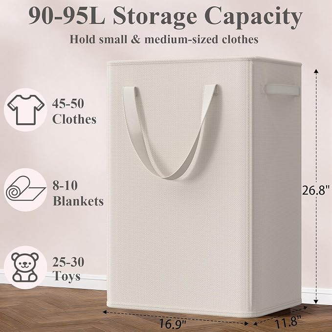 Optish 90L Slim Laundry Hamper, Baby Hamper for Nursery with Handles, Large Laundry Basket for Dorm, Bedroom, Living Room, Collapsible Laundry Basket, White