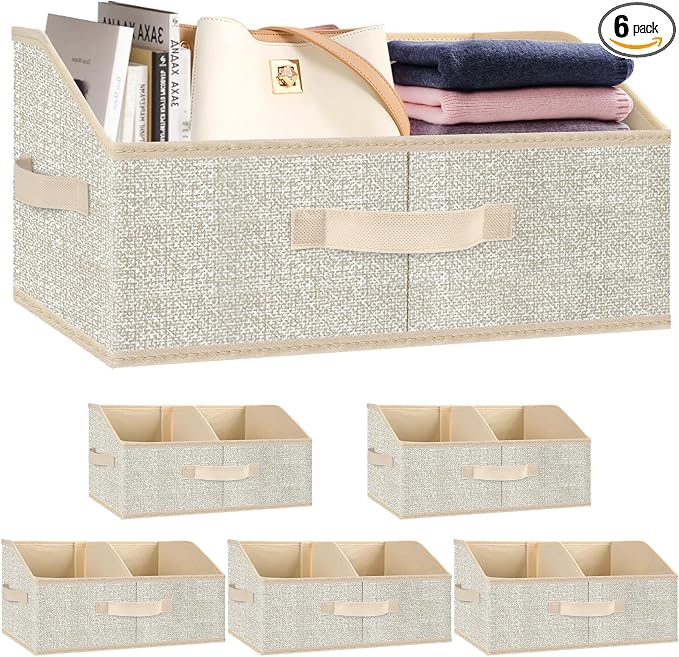 Trapezoid Storage Bins 6 Pack, Closet Organizer Baskets with Divider & Handles,Fabric Shelf Organizers, Collapsible Storage Cubes for Clothes, Towels, Toys - Beige