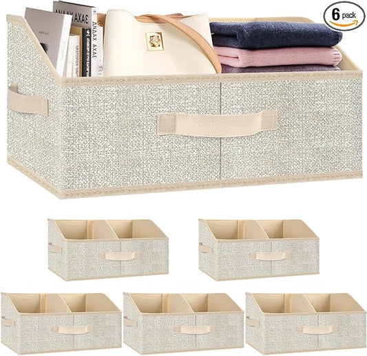 Trapezoid Storage Bins 6 Pack, Closet Organizer Baskets with Divider & Handles,Fabric Shelf Organizers, Collapsible Storage Cubes for Clothes, Towels, Toys - Beige