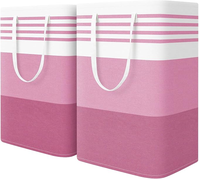 WOWBOX 2 Pack Laundry Baskets, Laundry Hampers, Freestanding Dirty Clothes Hampers with Reinforced Handles & Cross Stitch & Waterproof Coating, for Laundry Bedroom Bathroom Dorm,75L Pink