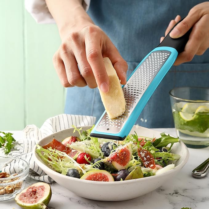 Spring Chef Premium Lemon Zester Grater with Handle - Fruits, Garlic, Chocolate, Ginger Grater - Heavy Duty Kitchen Tool - Stainless Steel Citrus Zester with Blade Cover - Fine Shred - Aqua Sky