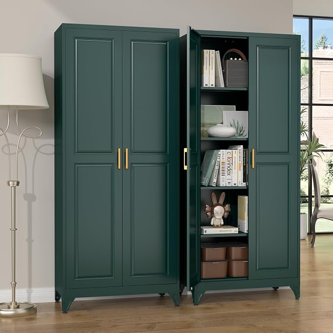 SteeLoong Kitchen Pantry Cabinet,75" Green Metal Storage Cabinets with Doors and 4 Adjustable Shelves,Kitchen Cabinet with 2 Gold Handles,Tall Cabinet for Livingroom,Pantry, Bathroom