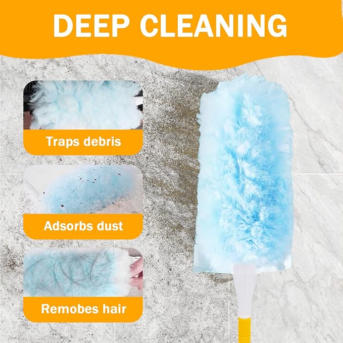 50PCS 360° Duster Refill for Swiffer Duster, Heavy Duty Refills Disposable Microfiber Duster Feather Duster Kit with1 Short Handle and 1 Extenda Handle