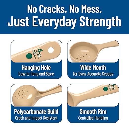 Carlisle FoodService Products Measure Miser Plastic Perforated Measuring Spoon with Short Handle, 4 Ounces, Beige