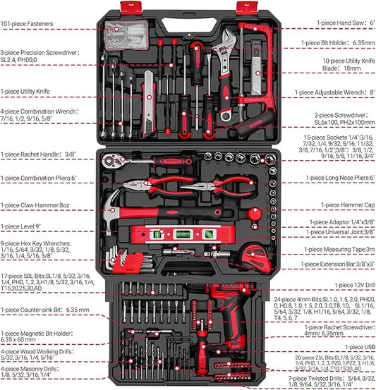 Drill Tool Set：Tool Kit with 12V Power Cordless Drill Hand Repair Tools Box with Drill, Home Tool Kits for Men & Women, Hand Drill Set Perfect for Homeowner, Diyer, Handyman - Red