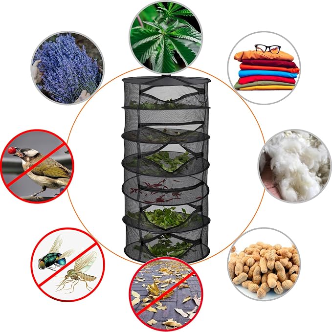 Desy & Feeci Drying Net Herbs 6-Layer Hanging Herbs Drying Rack Drying Net with Zippers, Black, 23.6 x 47.2 in (60 x 120 cm)