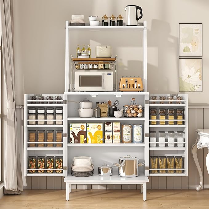 kepptory 51" Kitchen Baker's Rack with Storage, Microwave & Toaster Oven Stand, Freestanding Coffee Bar Station with Wine Glass Holder & Side Storage Shelves, White