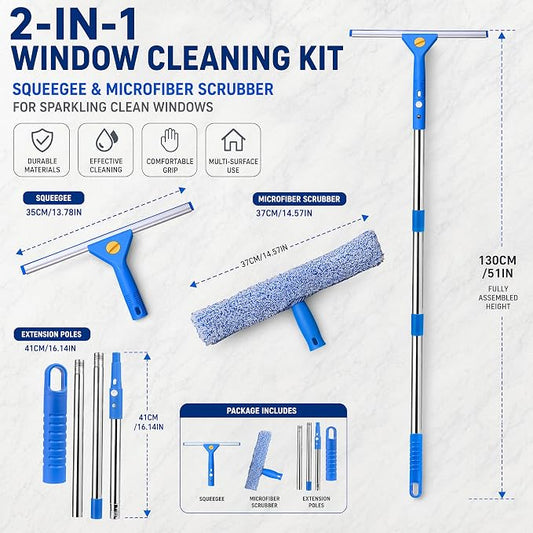 2-in-1 Window Cleaning kit with 51" Extension Poles, Suitable for Indoor & Outdoor Windows, High Glass, High Windows, Multi-Purpose Car Windshield Cleaning(Blue 15.74in - 51.18in)