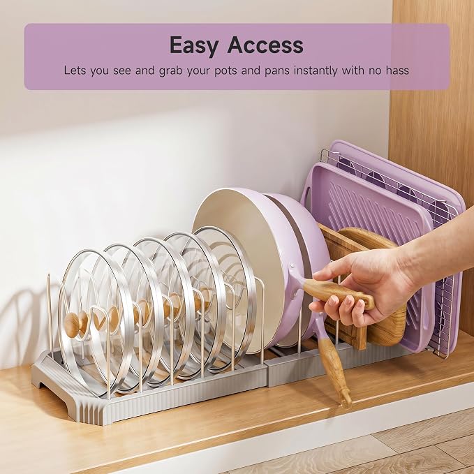 MUDEELA Pots and Pans Organizer under Cabinet, Pan Pot Organizer Inside Cabinet, Expandable 12.9''-21.88'' Pot Lid Organizer Holder with 12 Adjustable Dividers for Cutting Boards, Pan Lid Rack, Grey