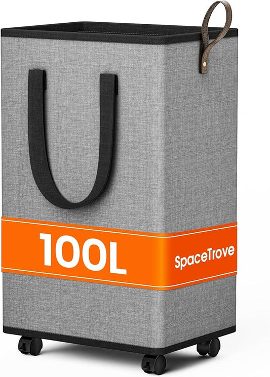 SpaceTrove Rolling Laundry Basket with Wheels, Laundry Hamper, 100L, Grey | Collapsible, 4 detachable wheels including 2 with brakes, sturdy handle, metal frame, for dorms, bathrooms and bedrooms