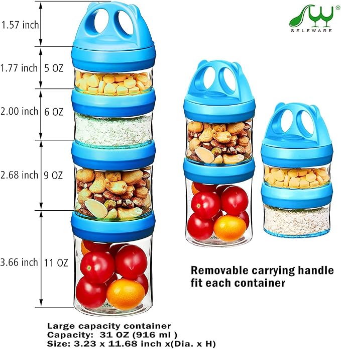 SELEWARE Blue Stackable Snack Containers for Kids Toddlers Adults, 31oz | Portable Food Storage Containers for Snacks Formula Powder Drinks and Travel, Twist Lock System Airtight Leak-proof BPA Free