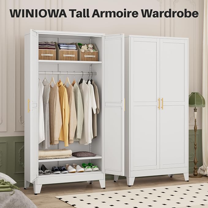 winiowa Metal Armoire Wardrobe Closet with 2 Doors, 71"' Wardrobe Cabinet with Adjustable Shelves and Hanging Rod, Clothing Storage Cabinet Closet for Bedroom-White