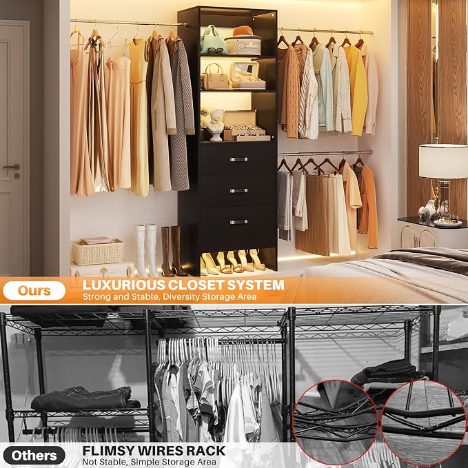 Homieasy 96 Inches Closet Organizer System, 8FT Customizable Walk In Closet Organizer with Hanging Rods, 3 Drawers Garment Rack with Leather Handle , 96" L x 16" W x 75" H, Max Load 1000 LBS, Black