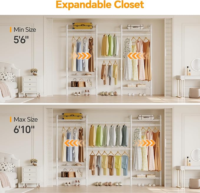 Higeego W3 Wall Mounted Closet System, Expandable Clothes Rack Heavy Duty Garment Rack Clothing Rack for Hanging Clothes, Industrial Pipe Closet Rack for Reach in Closet, White