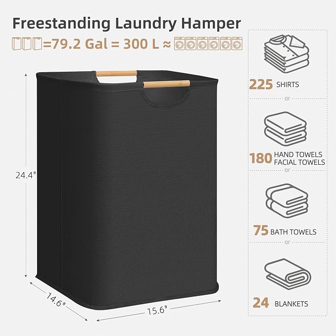 STORAGE MANIAC 3-Pack Large Laundry Hamper, 100L (26.4 Gal) Collapsible Laundry Basket with Bamboo Handles, Freestanding Waterproof Clothes Hamper for Laundry Room, Bedroom, Dorm, Towels, Black