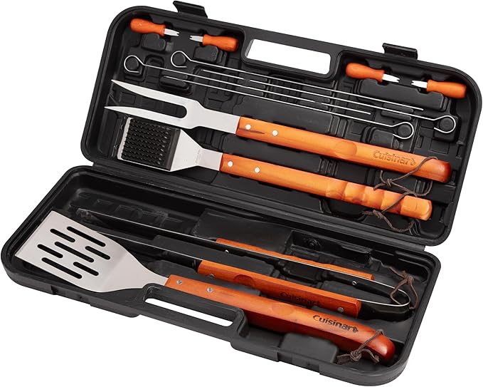 Cuisinart 13-Piece Wooden Handle Grill Tools Set, Grill Utensils Set BBQ Accessories, Durable Stainless Steel Spatula, Tongs, Cleaning Brush & More, Compact Case, Grilling Gifts for Men, CGS-W13